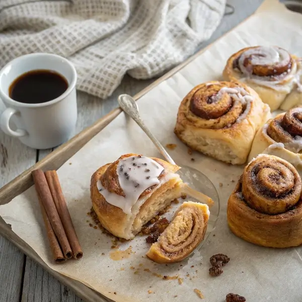 Overhead shot of quick sourdough cinnamon rolls with vanilla glaze and golden edges on parchment paper.