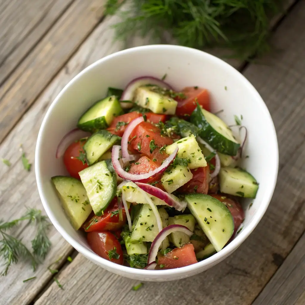 Bowl of chopped cucumbers and tomatoes with thin red onions and fresh herbs, lightly dressed, on a rustic wooden table with natural lighting.