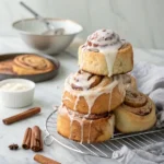 Bakery-style oversized cinnamon rolls stacked on a cooling rack with thick icing dripping down the sides.