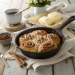 Cinnamon rolls in a cast iron skillet with vanilla glaze drizzled on top, shot on a wooden farmhouse table.