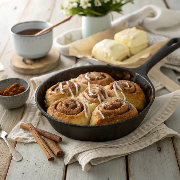 Cinnamon rolls in a cast iron skillet with vanilla glaze drizzled on top, shot on a wooden farmhouse table.