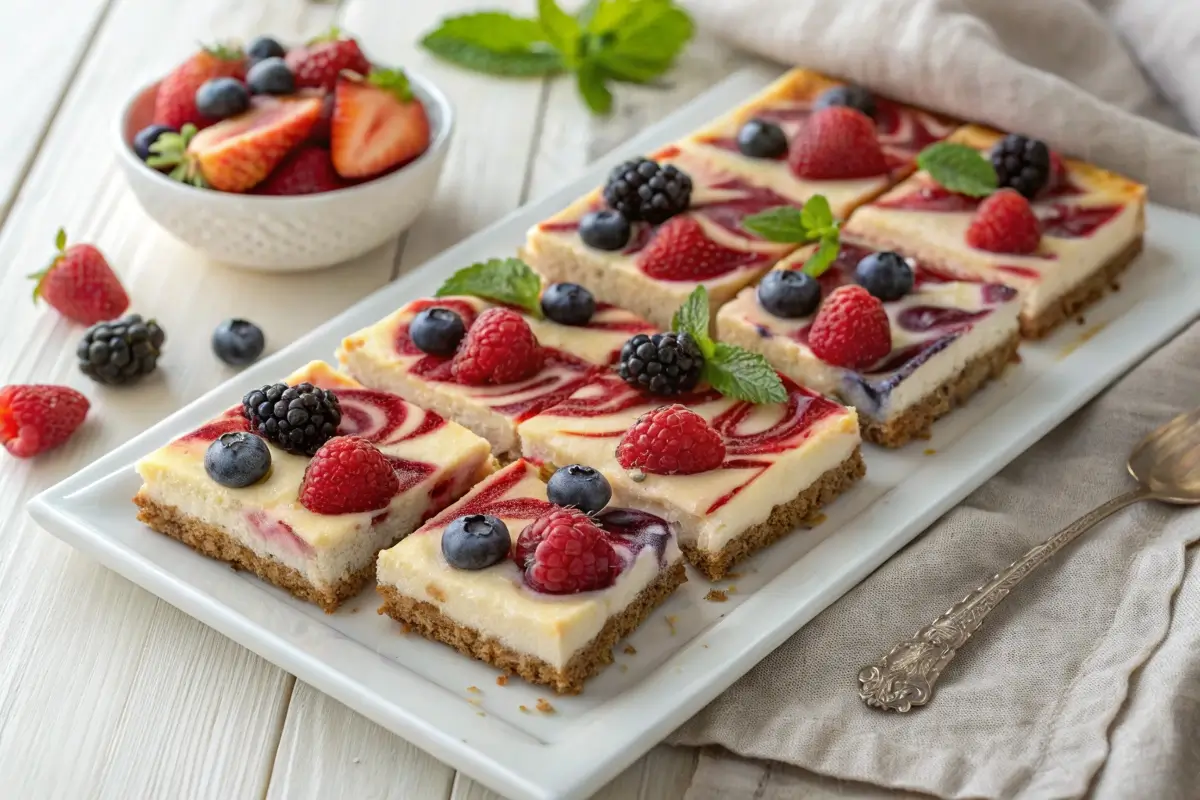 Creamy berry cheesecake bars with a golden graham cracker crust and vibrant swirls of raspberry and blueberry, served on a plate with fresh berries and mint garnish.