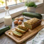 Vegan zucchini bread sliced with flax eggs and almond milk props in a sunny kitchen.