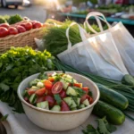 Vibrant cucumber tomato salad surrounded by produce bags and herbs on a picnic table with sunlight and a farmers market backdrop.