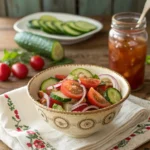 Vintage ceramic bowl filled with old-fashioned cucumber tomato salad, with red onion slices and a vinegar dressing, placed on a rustic wooden table.
