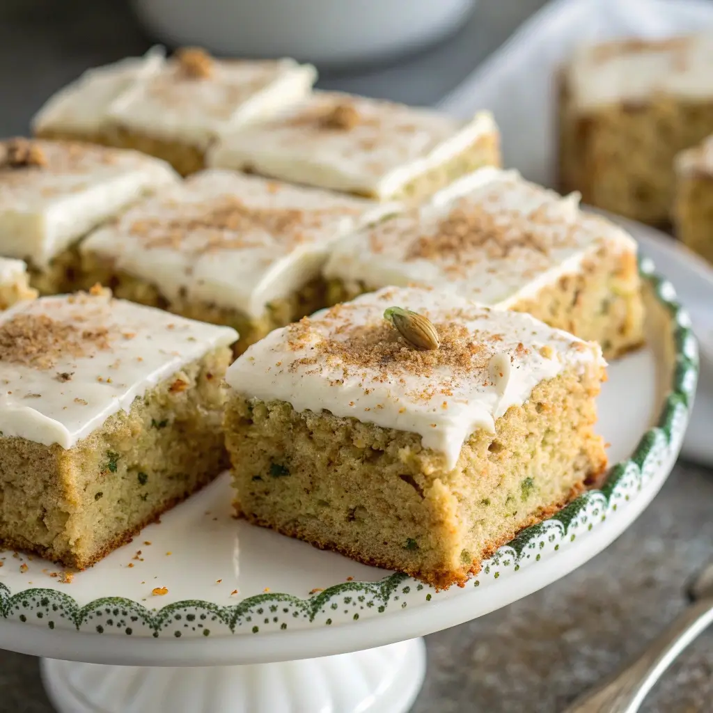 Zucchini cake bars with white frosting and a sprinkle of nutmeg on top, served on a cake stand.