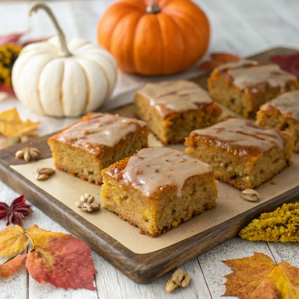 Zucchini pumpkin bars topped with cinnamon glaze, surrounded by mini pumpkins, cinnamon sticks, and autumn leaves on a rustic wooden table.