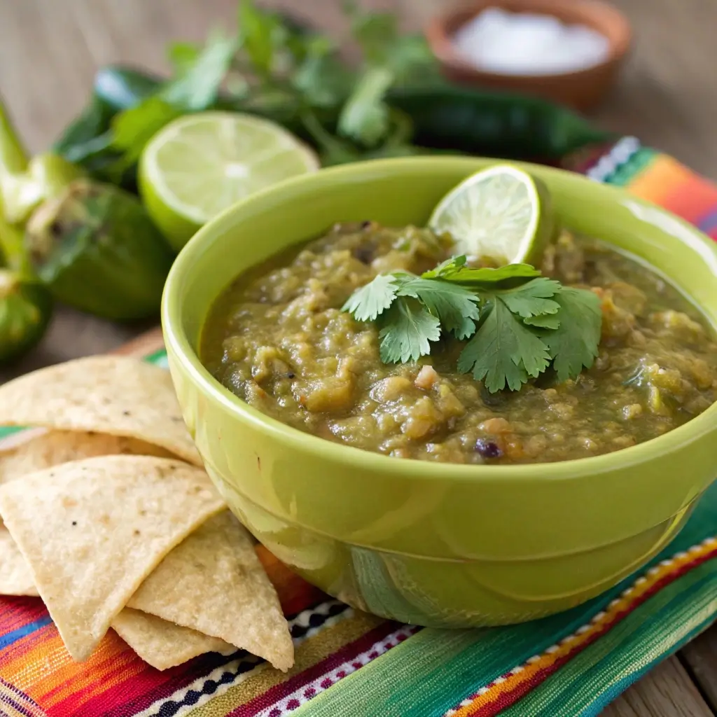 A bright green bowl of chunky Hatch chile salsa verde, with visible roasted tomatillos and chiles, garnished with fresh cilantro and lime wedges, placed next to tortilla chips on a colorful Mexican-style tablecloth.