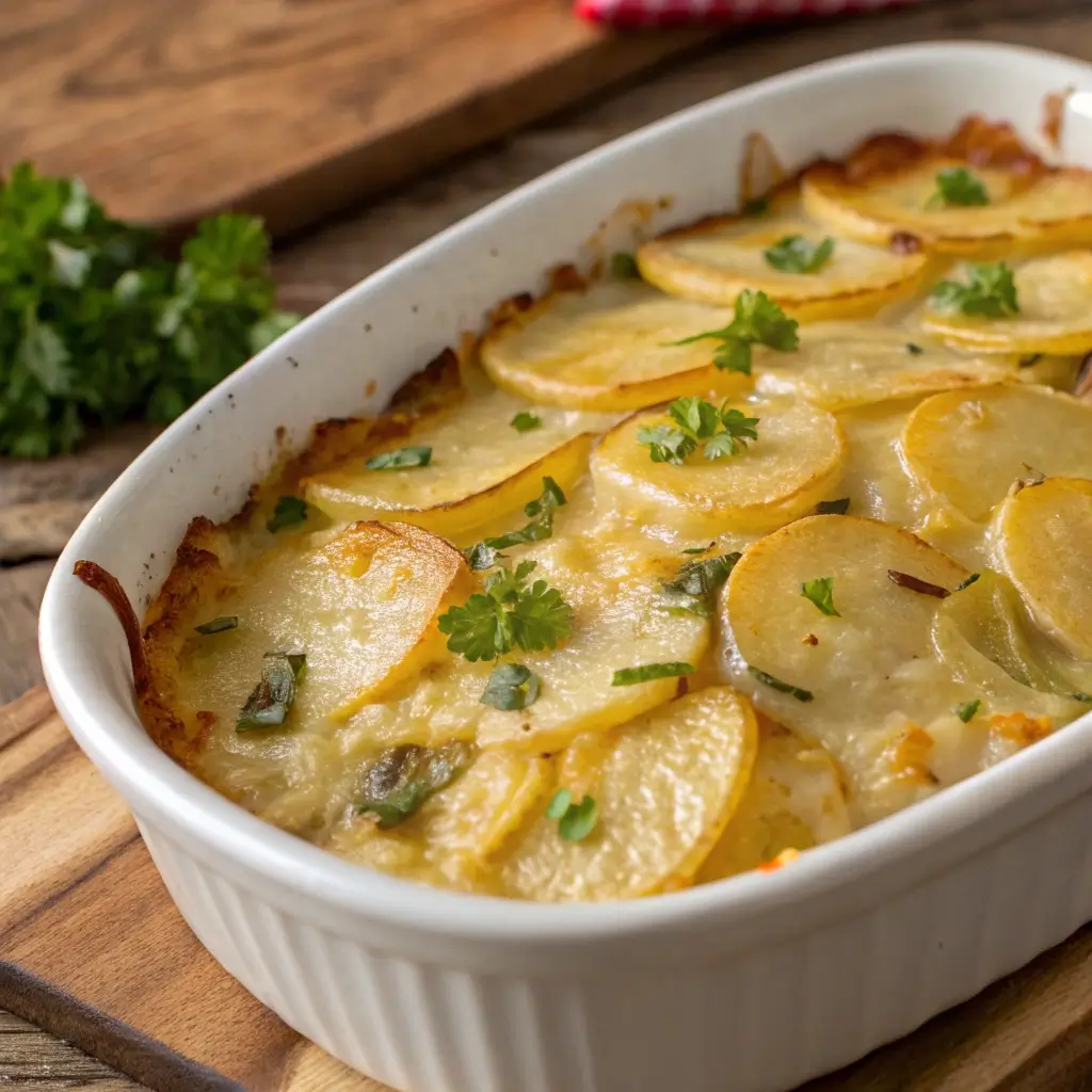  A bubbling casserole of thinly sliced potatoes layered with cheddar cheese and chopped roasted Hatch chiles, golden brown on top, served with a garnish of fresh parsley on a rustic wooden surface.