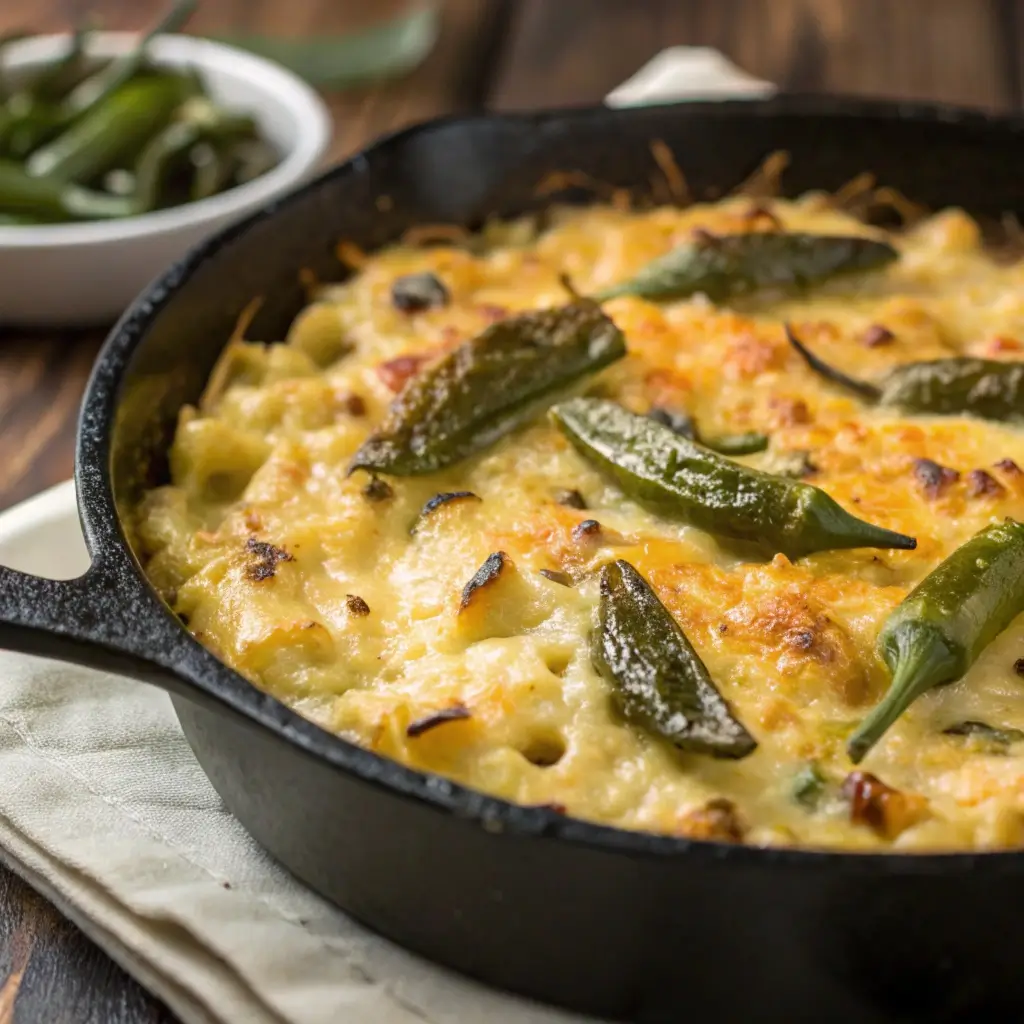 A close-up of golden, cheesy mac & cheese baked with roasted Hatch chile pieces, bubbling in a cast iron skillet, with melted cheese stretches and roasted chiles scattered around.