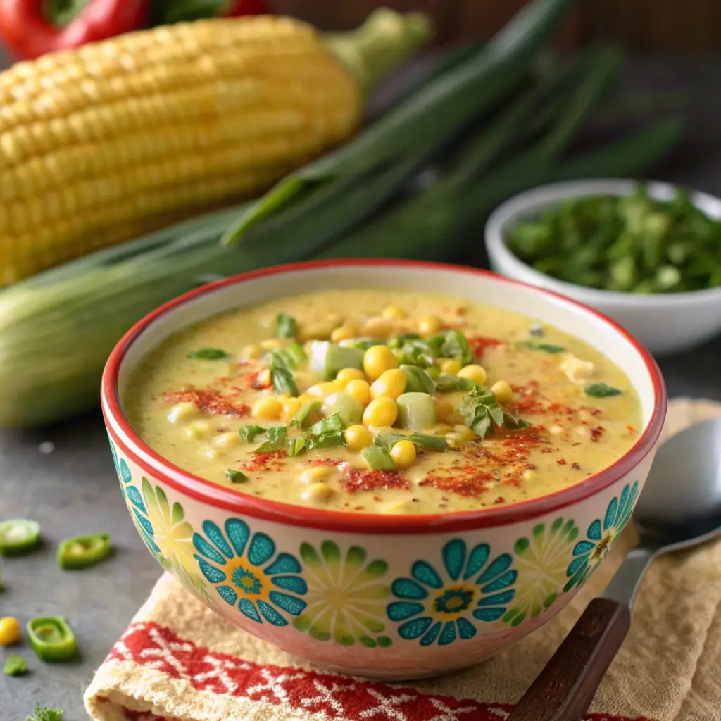 A colorful bowl of thick vegan sweet corn and Hatch chile chowder, garnished with chopped chives and a sprinkle of smoked paprika, with corn cobs and roasted chiles in the background on a rustic kitchen counter.