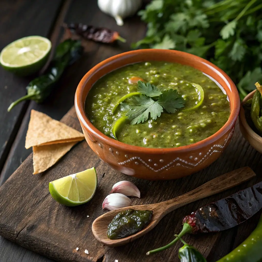A rustic ceramic bowl filled with vibrant green Hatch chile sauce, garnished with fresh cilantro and lime wedges, surrounded by charred Hatch chiles, garlic cloves, and a wooden spoon on a dark wooden table.