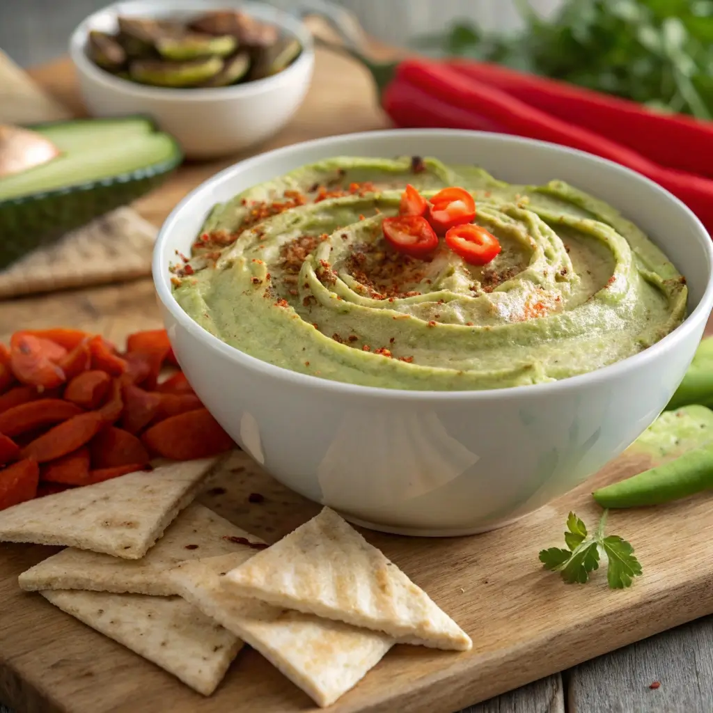 A smooth bowl of green-tinted hummus swirled with olive oil and topped with roasted Hatch chile slices and paprika, surrounded by pita chips and fresh veggies on a rustic wooden board. 