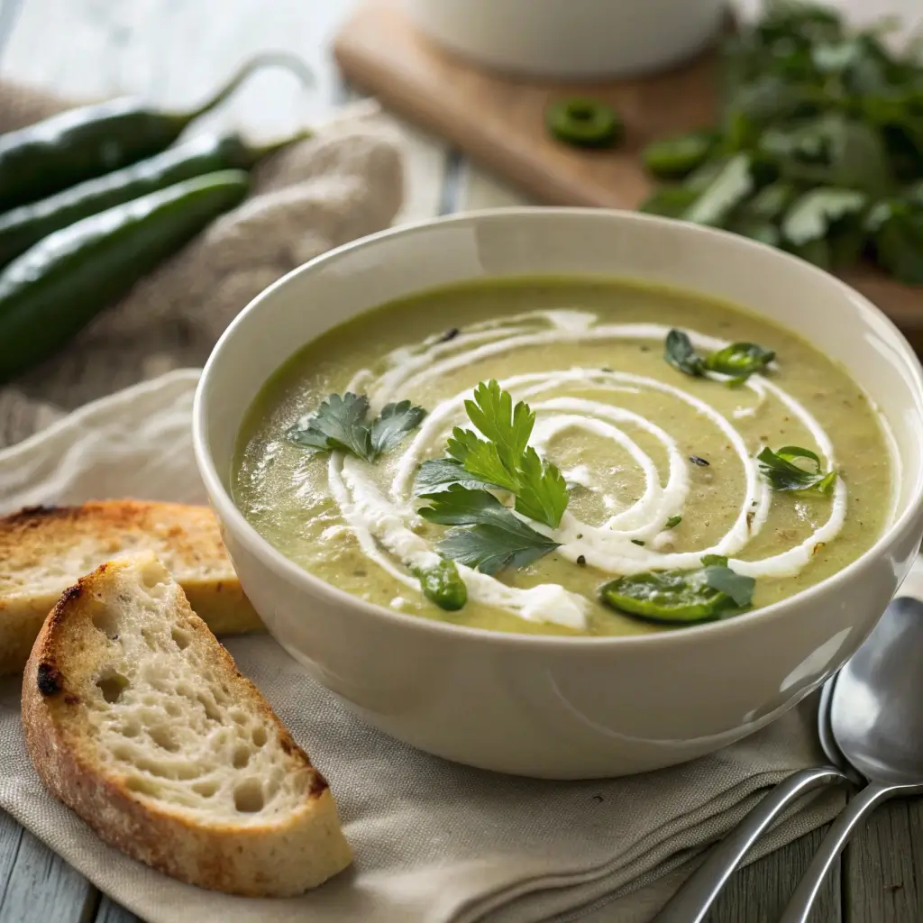 A steaming bowl of creamy Hatch green chile soup topped with a swirl of cream and fresh cilantro, with roasted chiles and crusty bread on the side, set on a cozy kitchen table with soft natural lighting.