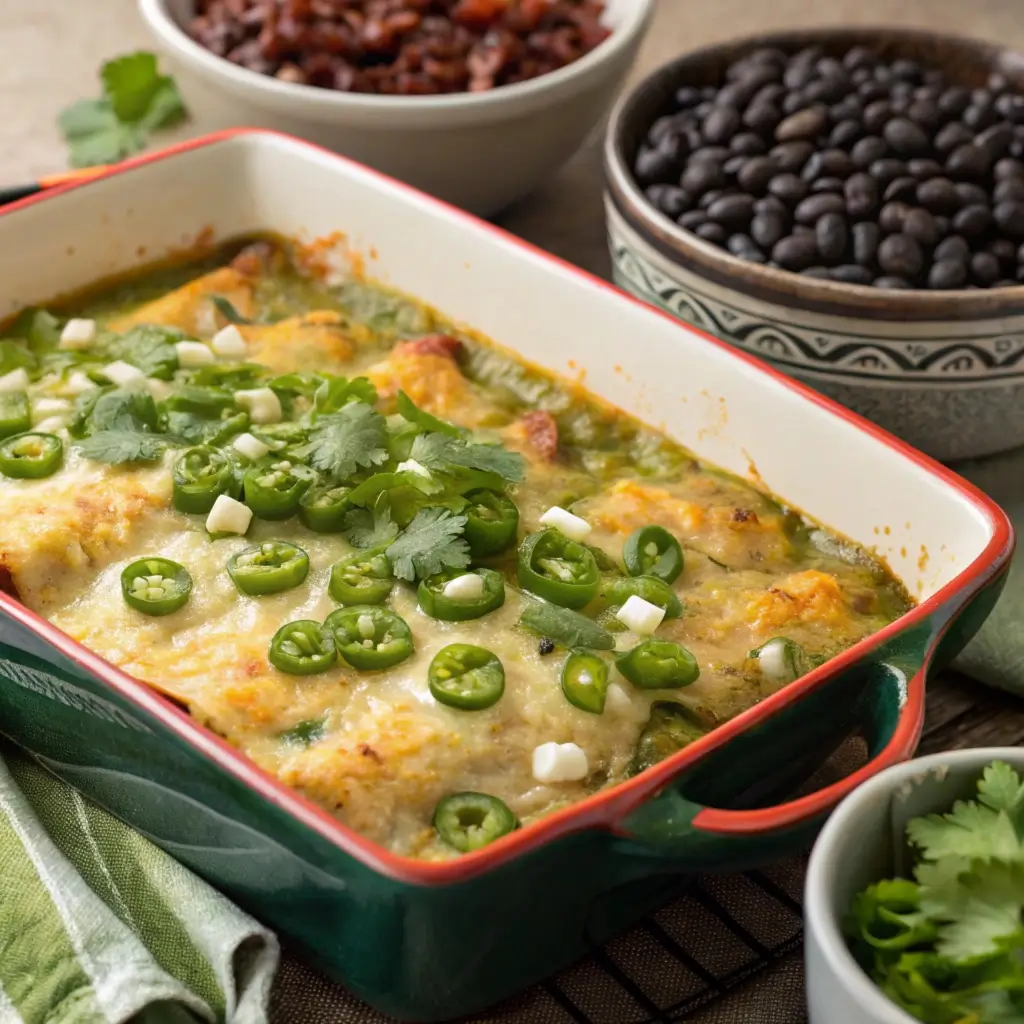 A vibrant casserole dish filled with baked enchiladas smothered in Hatch chile sauce and melted cheese, topped with fresh cilantro and sliced green onions, surrounded by bowls of black beans and roasted chiles.