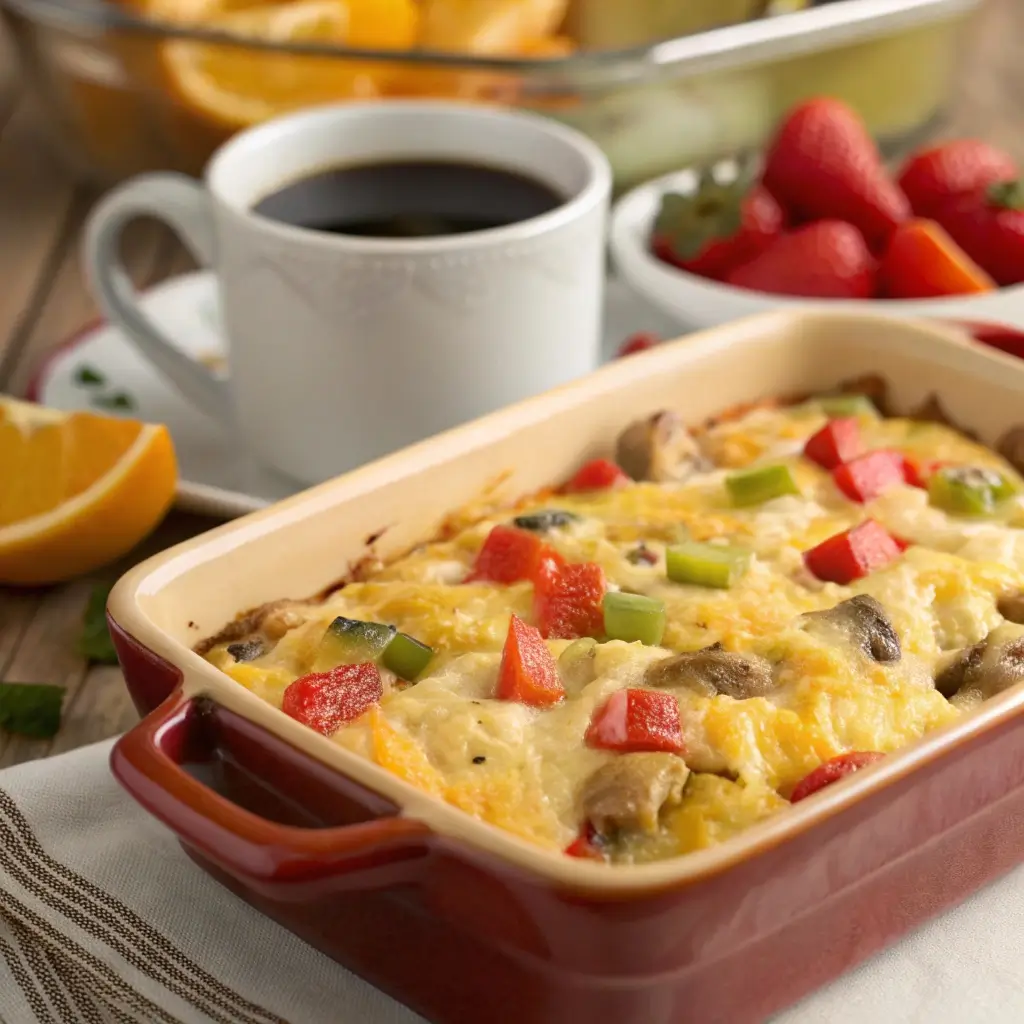 A warm breakfast casserole with fluffy eggs, roasted Hatch chile chunks, melted cheese, and diced bell peppers, served in a ceramic baking dish on a breakfast table with coffee and fresh fruit.