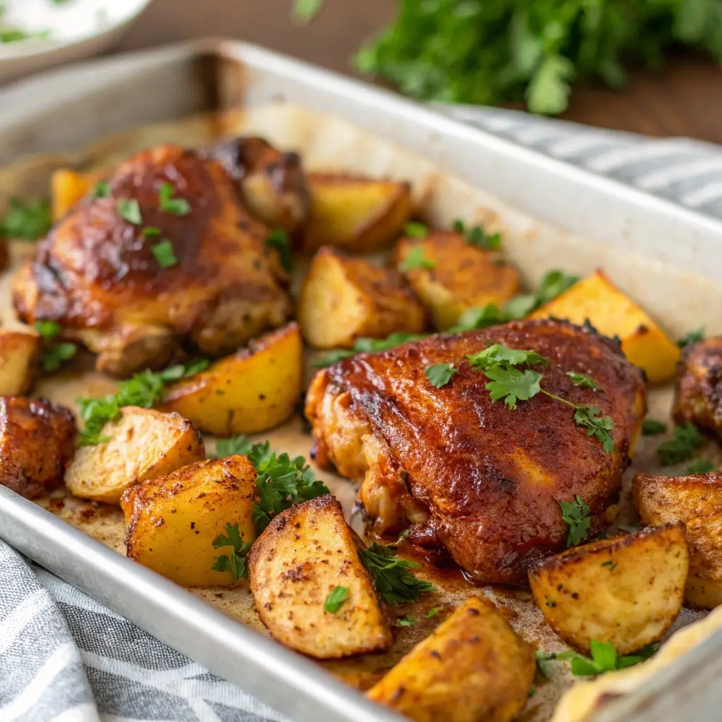Baked BBQ Chicken Thighs with Roasted Potatoes