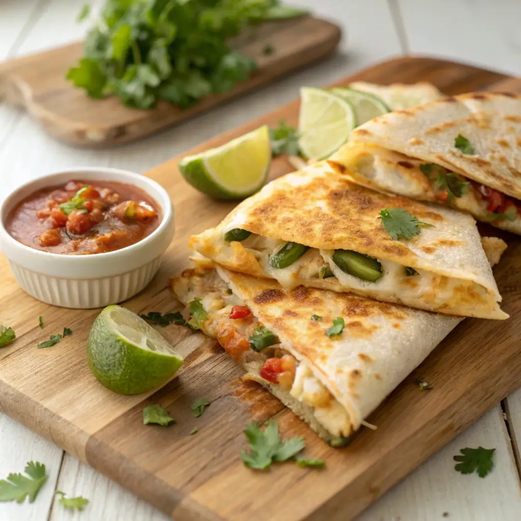  Crispy golden quesadilla wedges stuffed with melted cheese and roasted Hatch chiles, served on a wooden board with a small bowl of salsa and lime wedges, garnished with fresh cilantro.