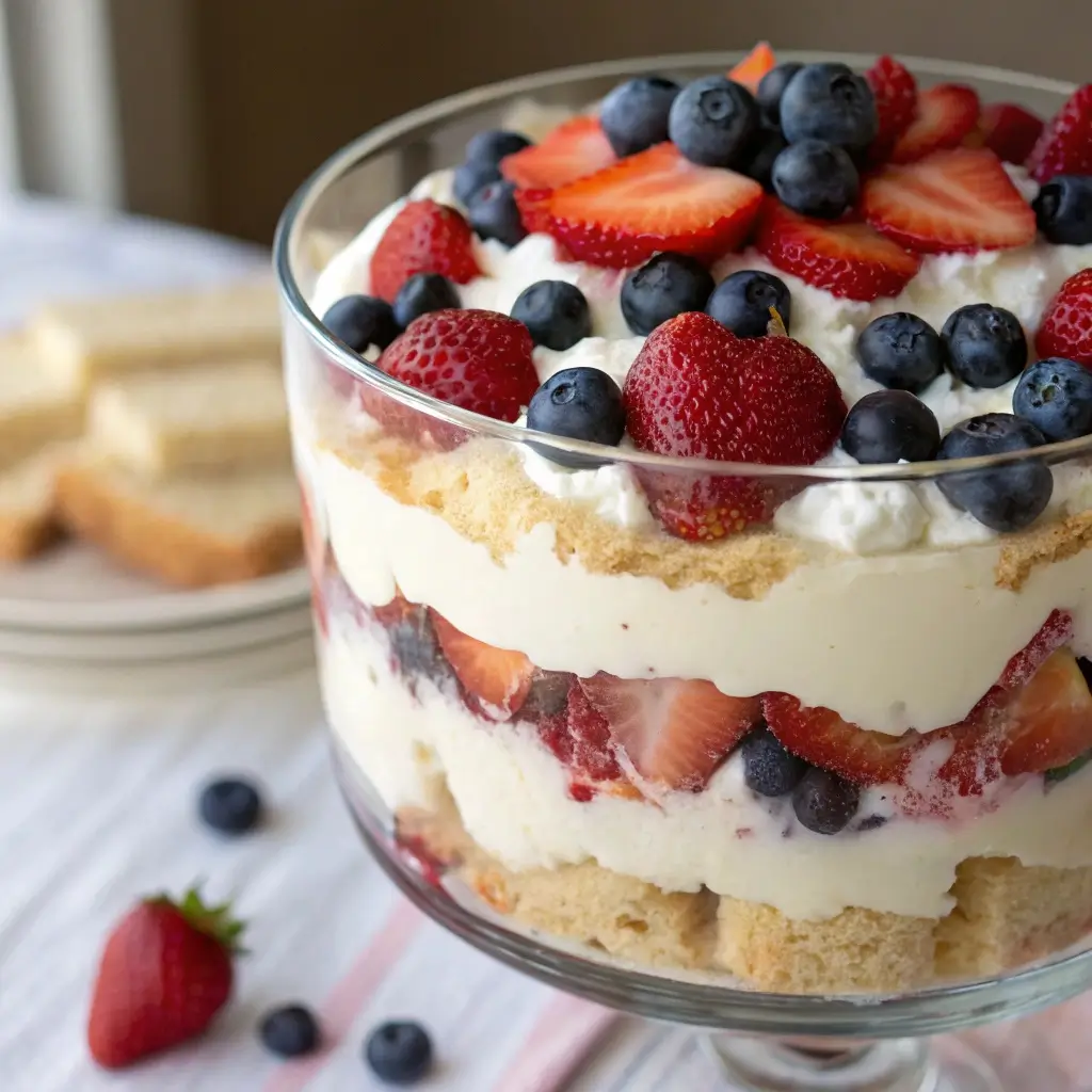 Glass trifle bowl filled with layers of whipped cream, fresh blueberries, strawberries, and cake, perfect for a Labor Day celebration.
