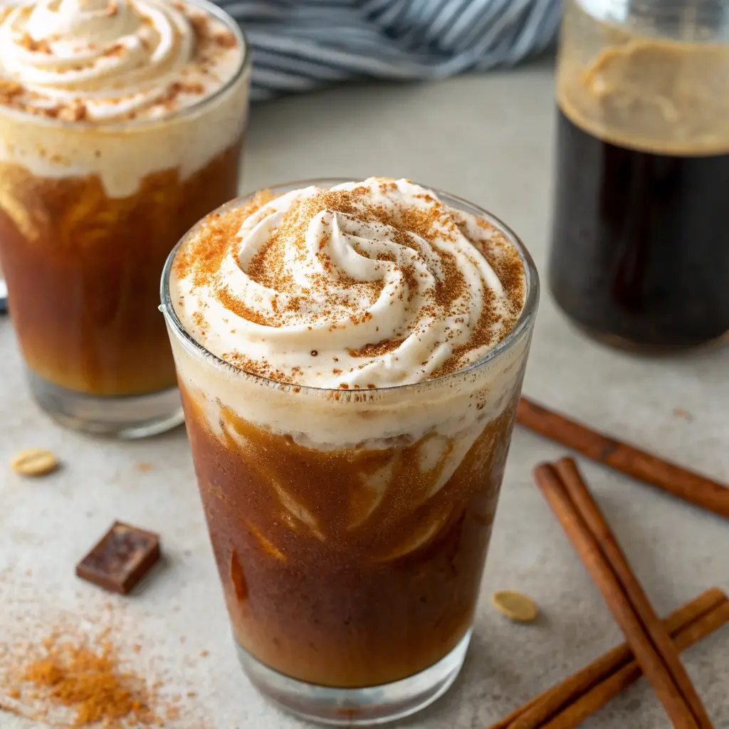 Homemade pumpkin cream cold foam in glass over cold brew coffee, topped with cinnamon – Starbucks copycat fall drink.
