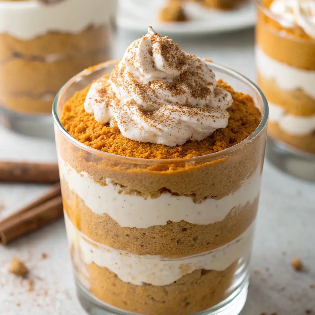 Layered whipped pumpkin fluff parfait with cream and cinnamon