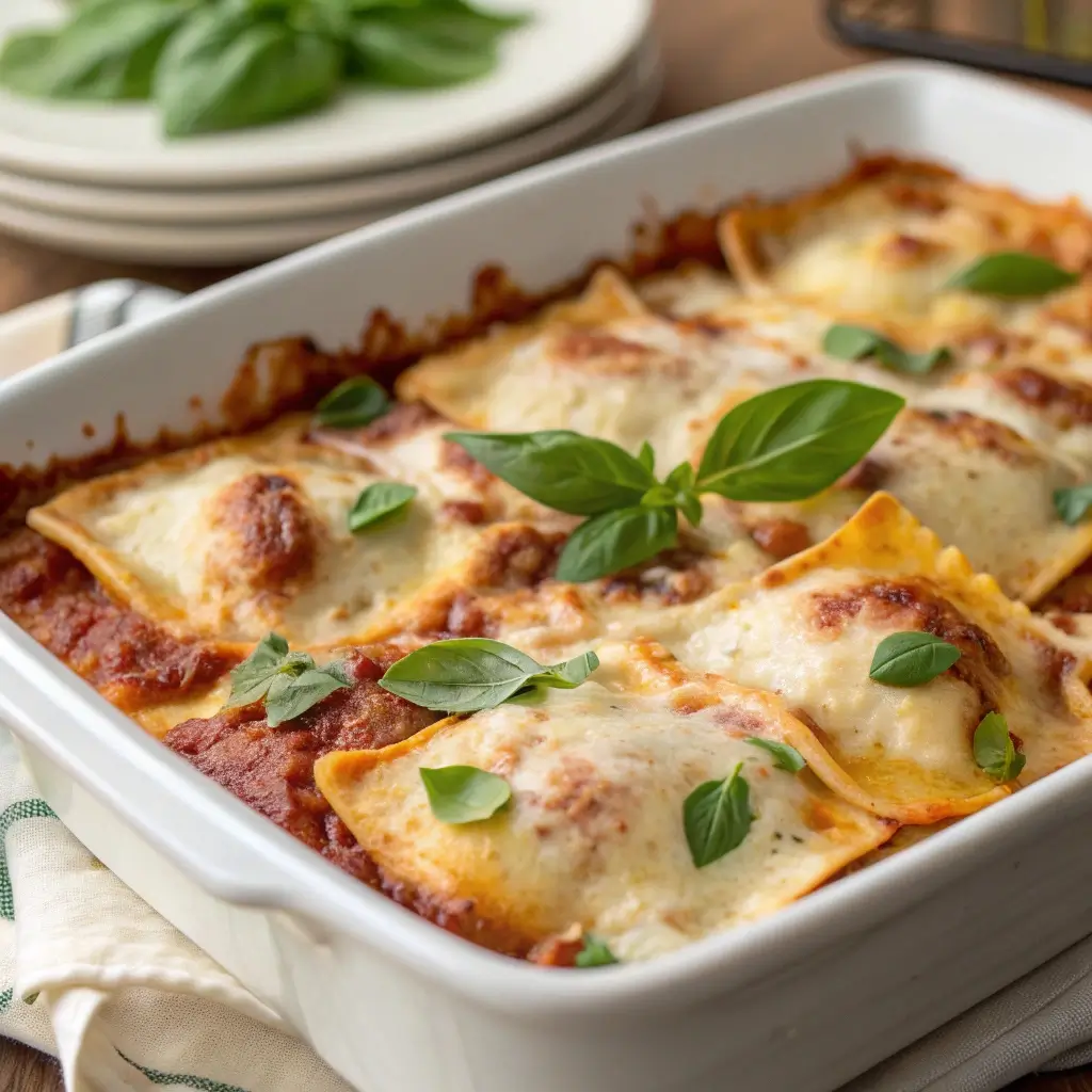 Cheesy Baked Ravioli with Meat Sauce