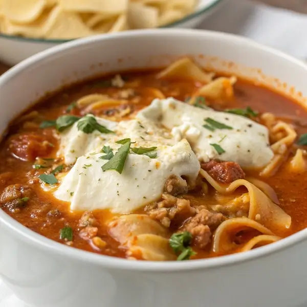 Creamy Lasagna Soup with Ricotta & Mozzarella