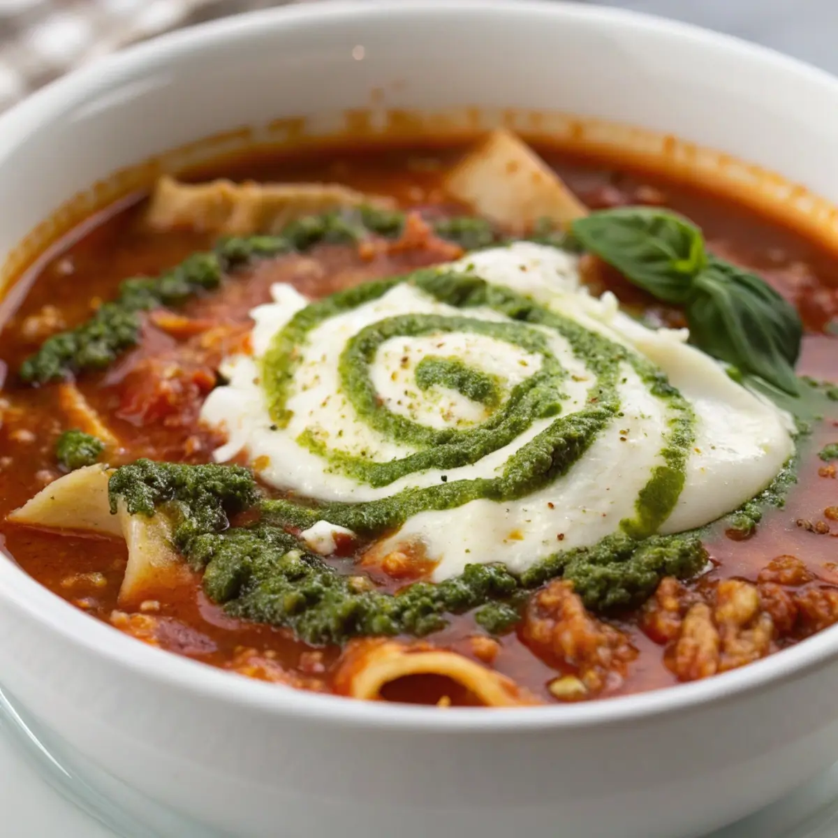Lasagna Soup with Pesto Swirl