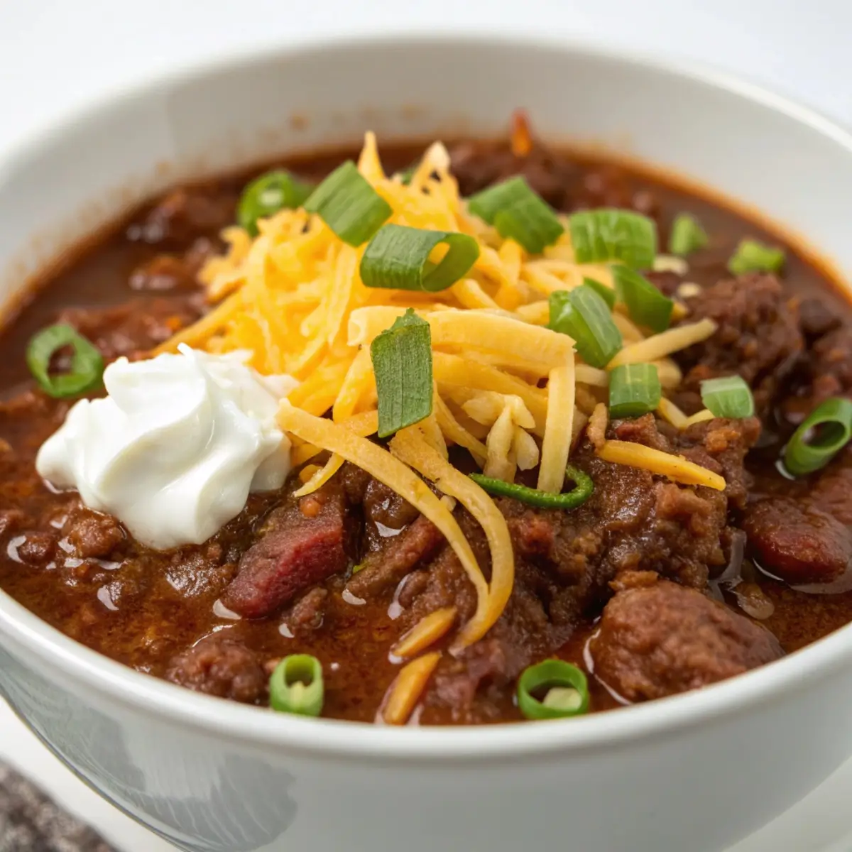 Bowl of smoky brisket chili topped with sour cream, shredded cheese, and green onions.