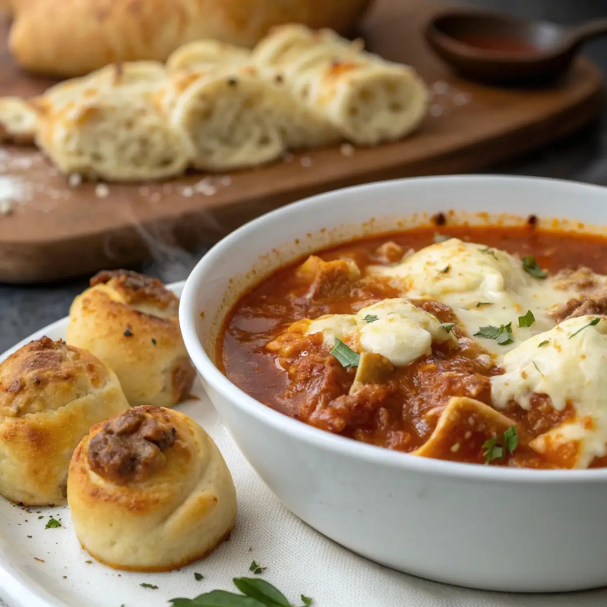 Cheesy Lasagna Soup with Garlic Knots on the Side