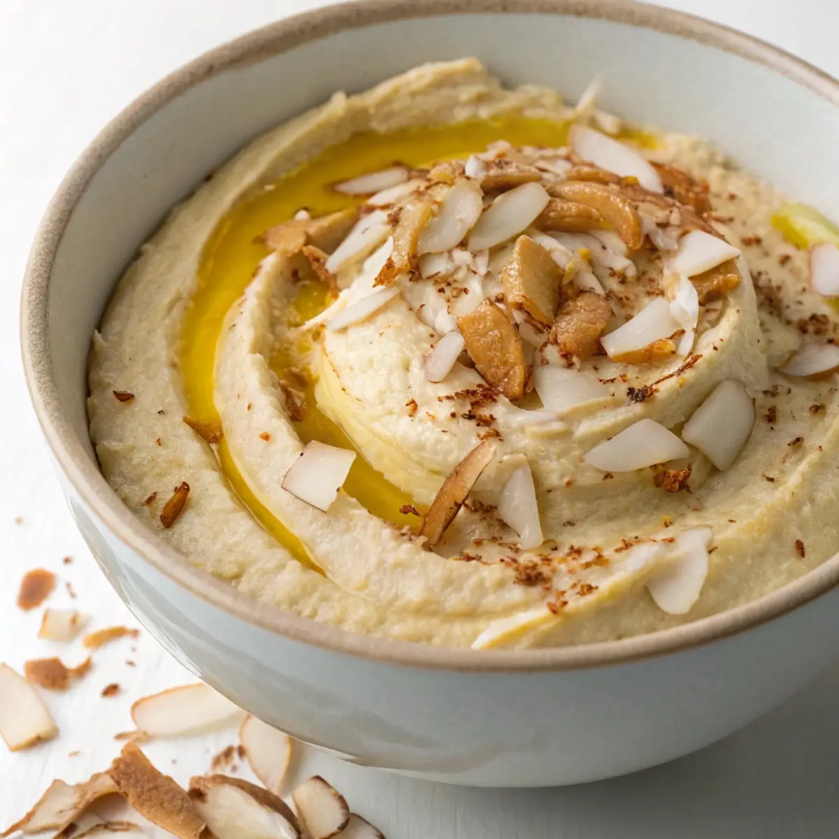 Bowl of creamy coconut hummus drizzled with olive oil and toasted coconut flakes.