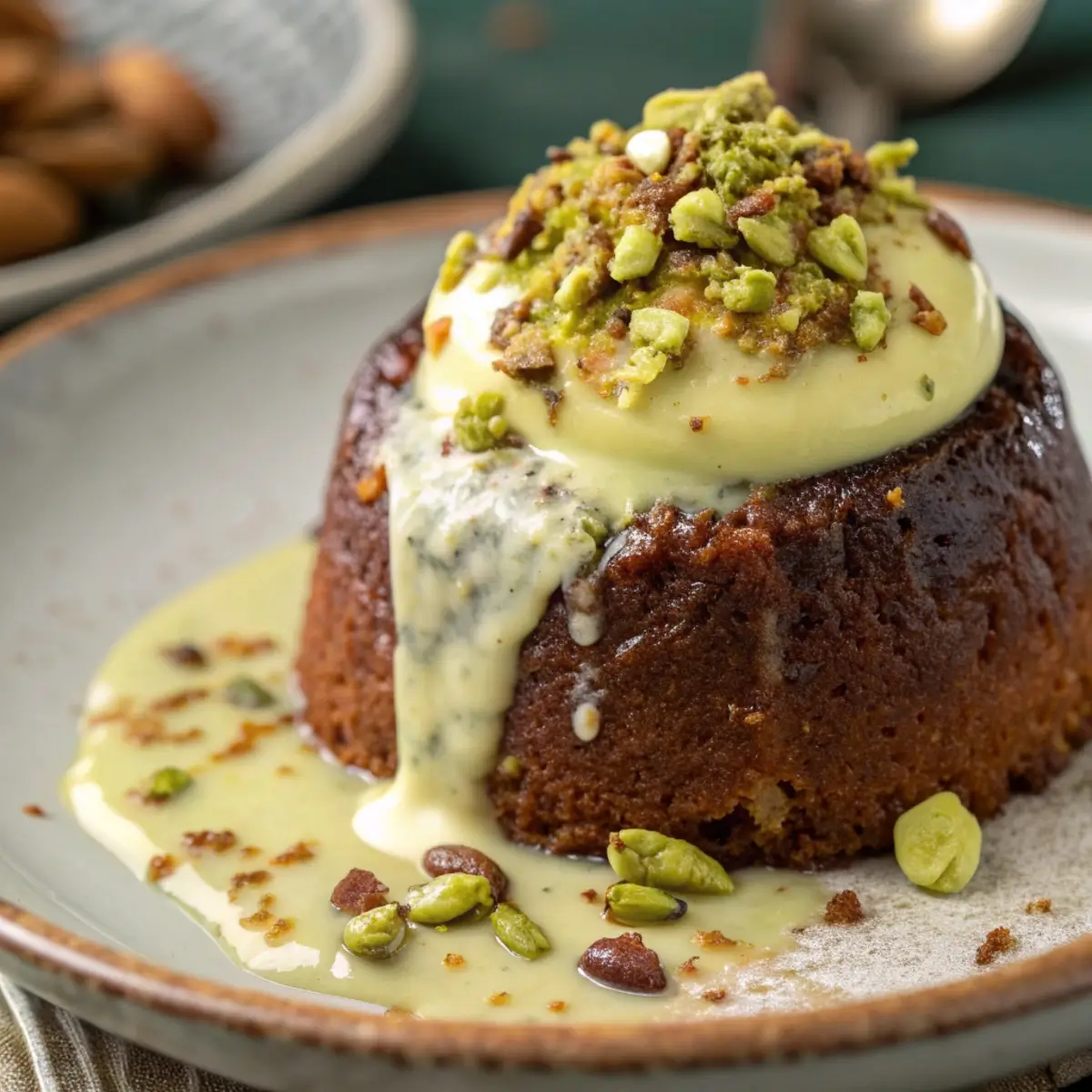 Pistachio lava cake with melted pistachio cream flowing out of the center.