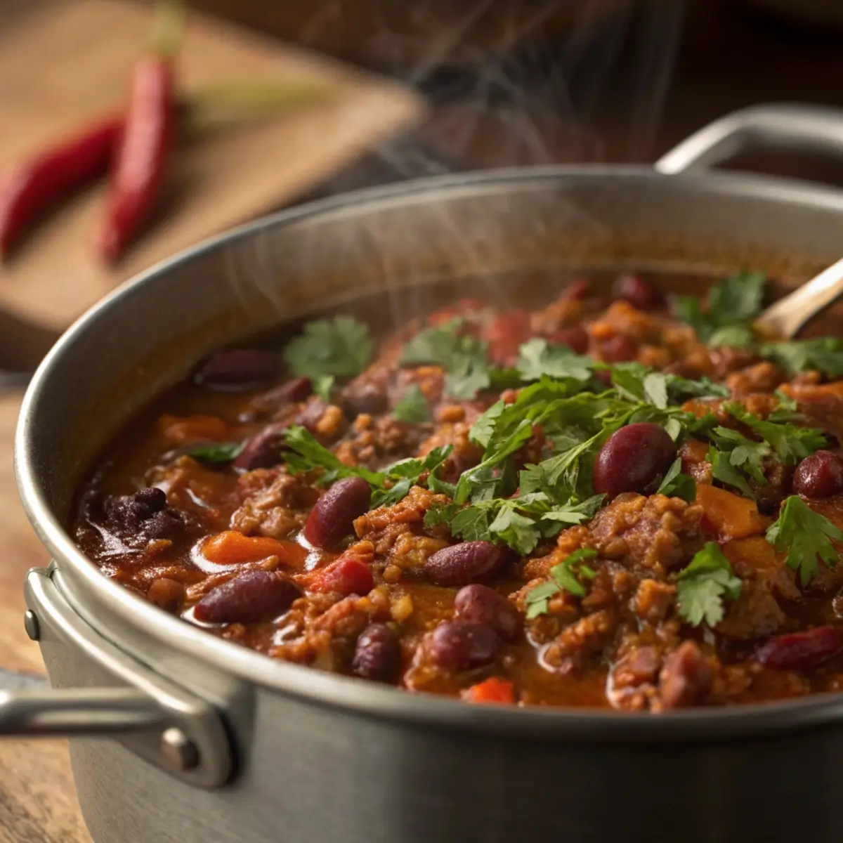 Quick stovetop chili in a pot with beans, ground meat, and fresh herbs on top.