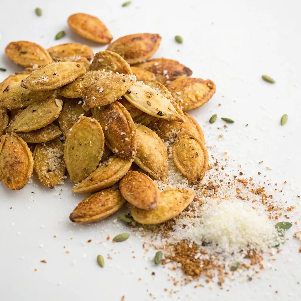 Roasted pumpkin seeds sprinkled with parmesan cheese and garlic seasoning.