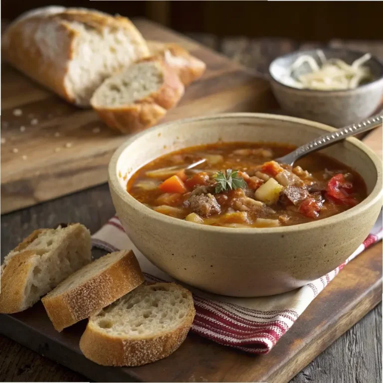 Rustic soup in a bowl with bread on the side, made with just 5 ingredients, quick and easy dinner.