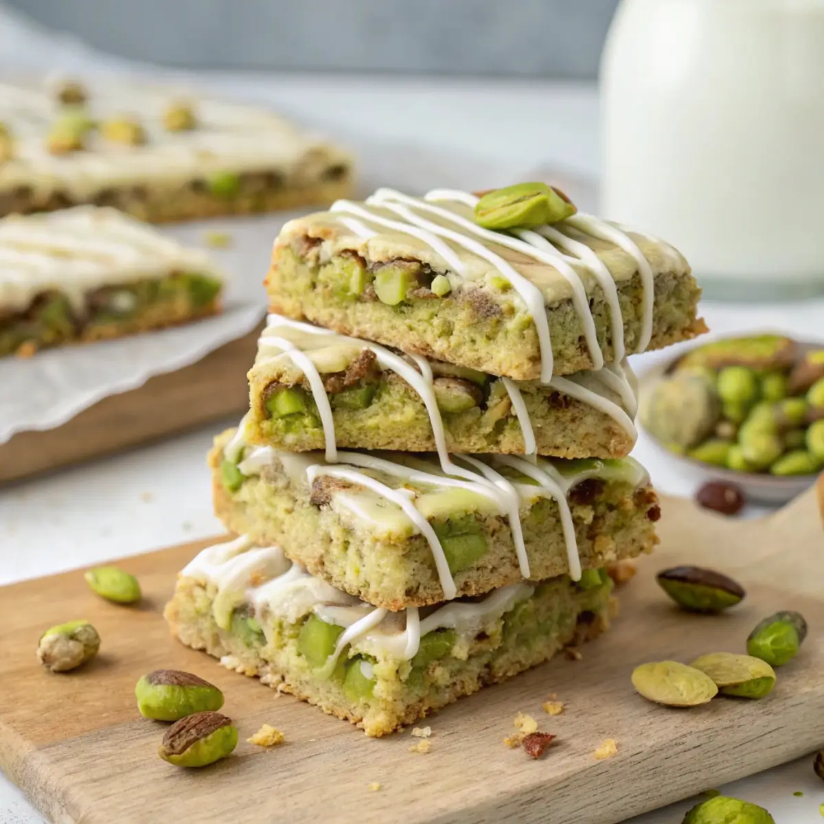 Stack of pistachio cookie bars drizzled with white chocolate.