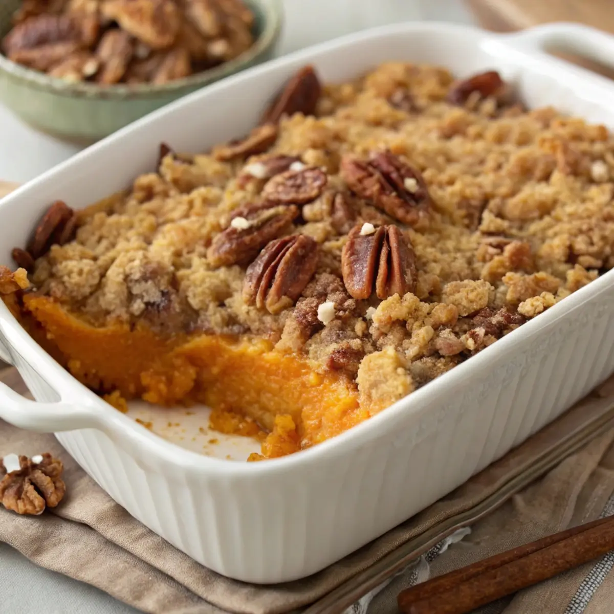Baked sweet potato casserole topped with golden pecan streusel and brown sugar crumble, perfect for Thanksgiving dinner.