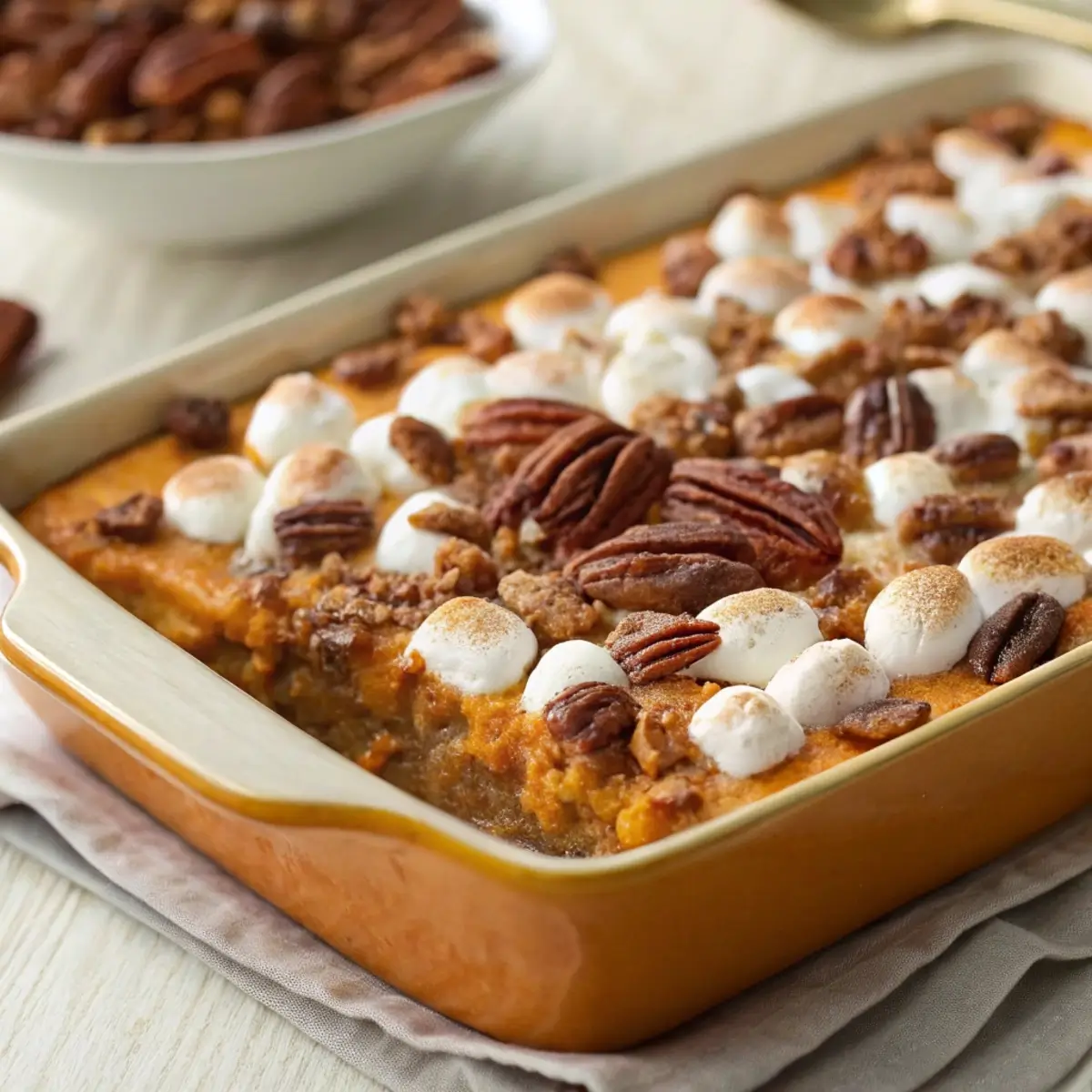 Classic Thanksgiving sweet potato casserole topped with toasted pecans and marshmallows in a baking dish.