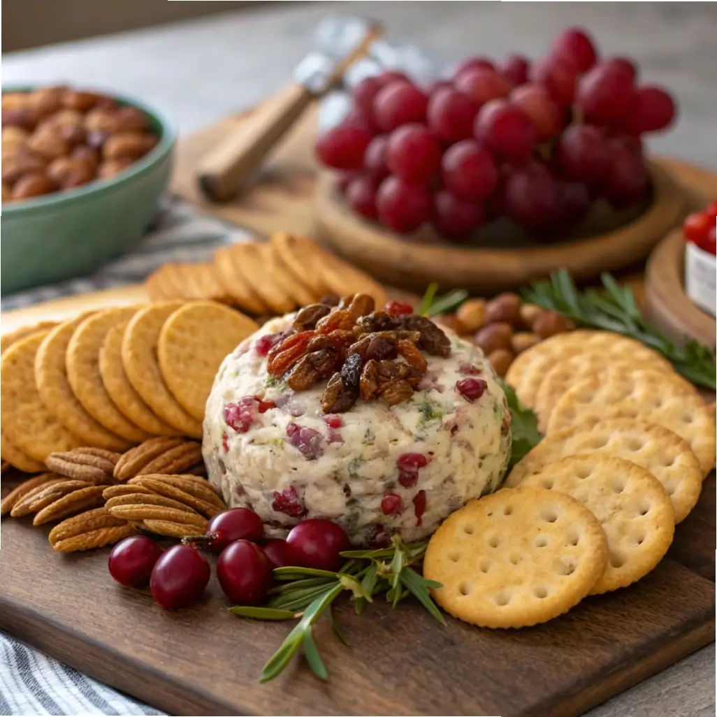 Cranberry Pecan Cheese Ball on Charcuterie Board