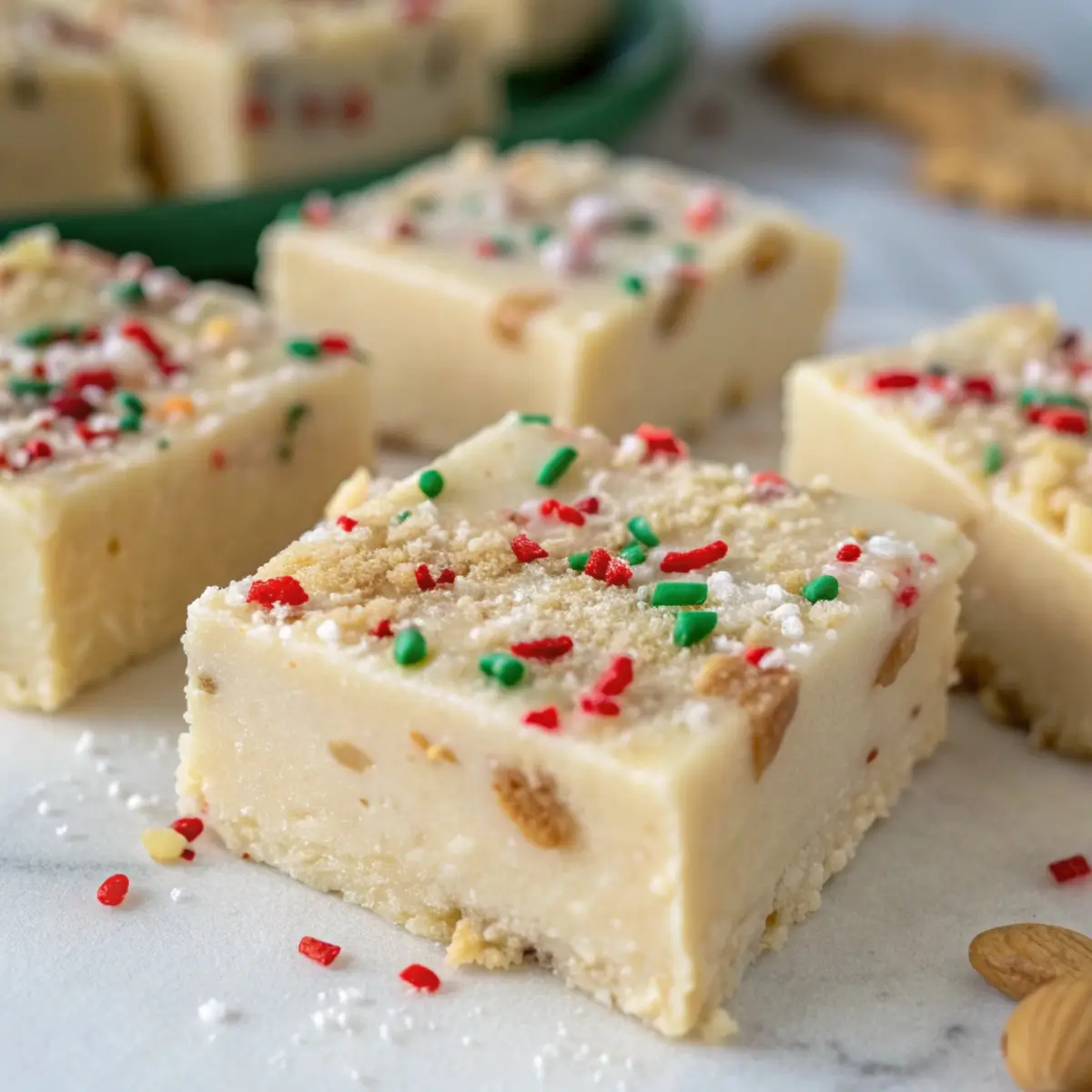 Creamy sugar cookie fudge topped with crushed sugar cookies and holiday sprinkles.