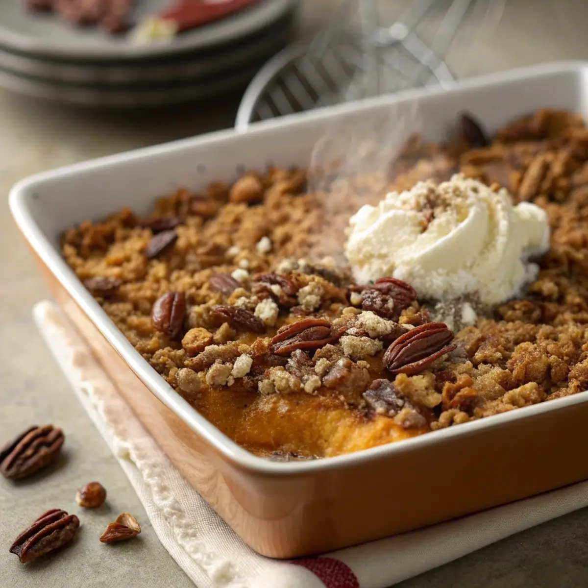 Gluten-free sweet potato casserole with oat pecan crumble on top, served warm for the holidays.