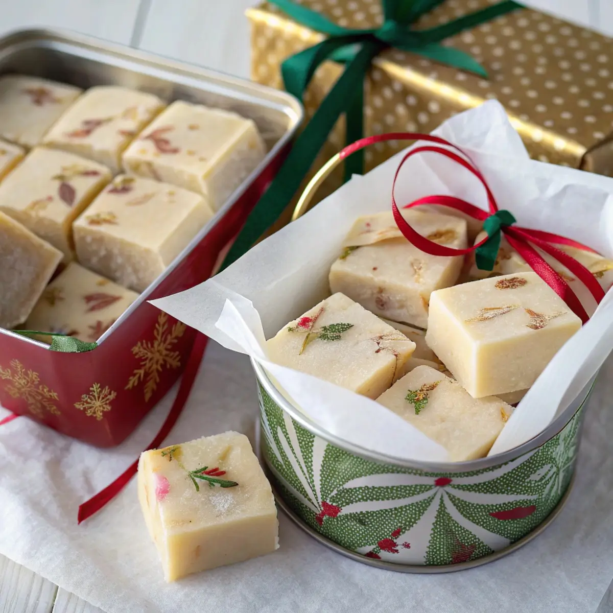 Holiday fudge pieces wrapped in parchment and packed into festive gift tins.