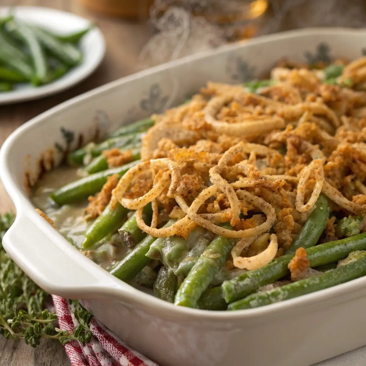 Large serving of green bean casserole with crispy onion topping served family-style.
