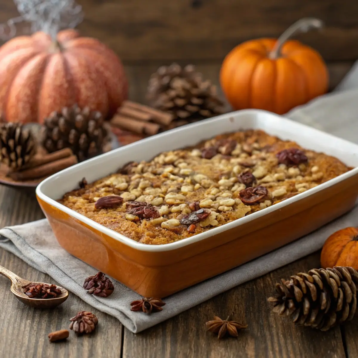 Low-sugar sweet potato casserole topped with oats and maple syrup, in rustic holiday setting.