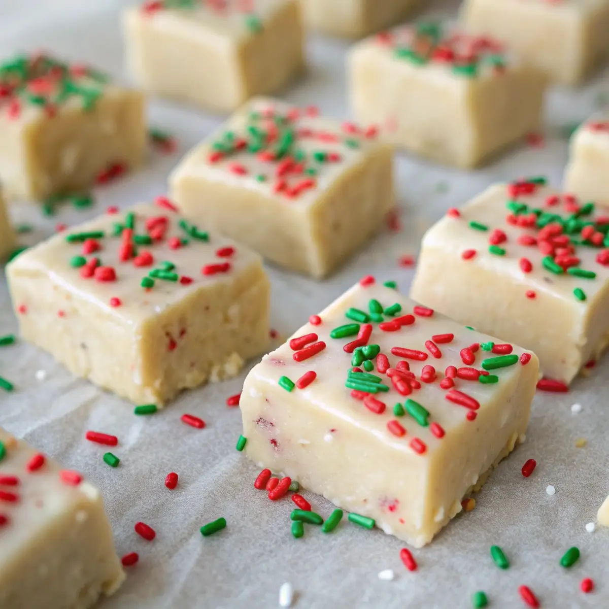 No-bake sugar cookie fudge pieces with red and green sprinkles on parchment paper.