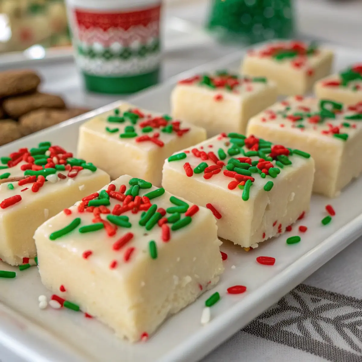 Sugar cookie fudge decorated with red and green sprinkles arranged on a party tray.