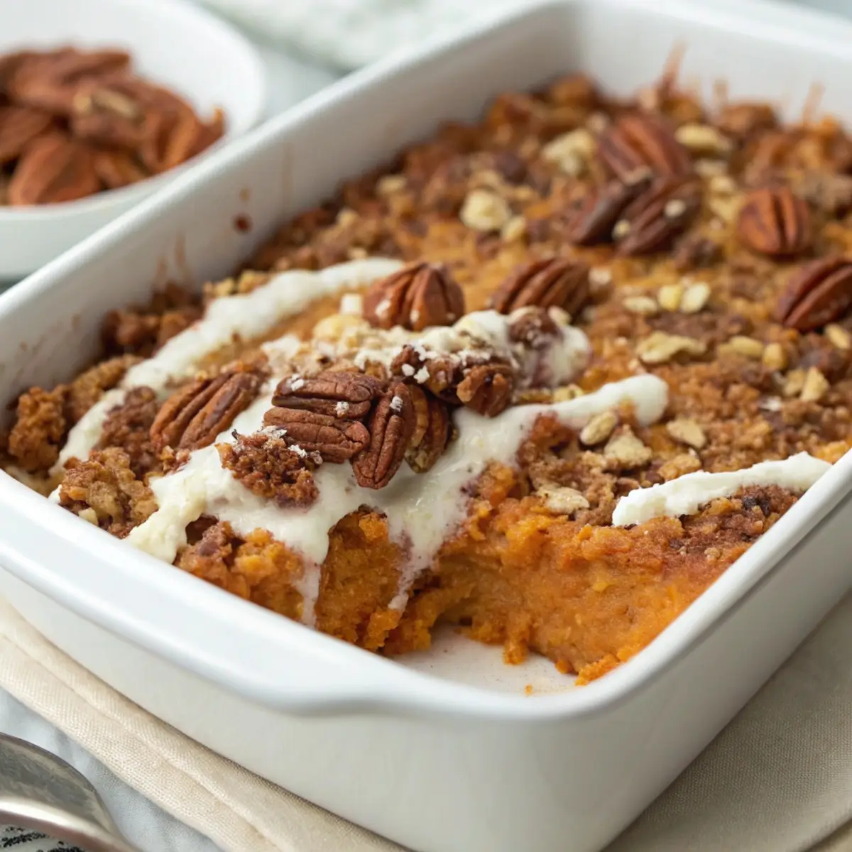 Vegan sweet potato casserole with pecan topping and coconut milk, served in white casserole dish.