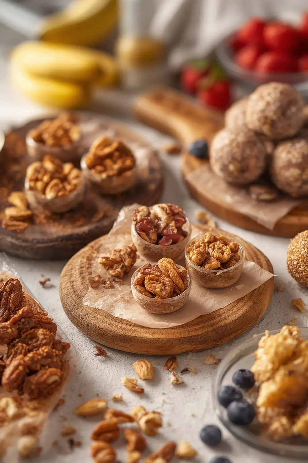 Vibrant assortment of simple healthy snacks including roasted nuts, fruit cups, and energy bites arranged on wooden boards