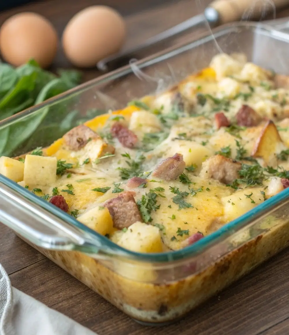 Baked breakfast casserole with eggs, potatoes, melted cheese, and herbs in a glass baking dish