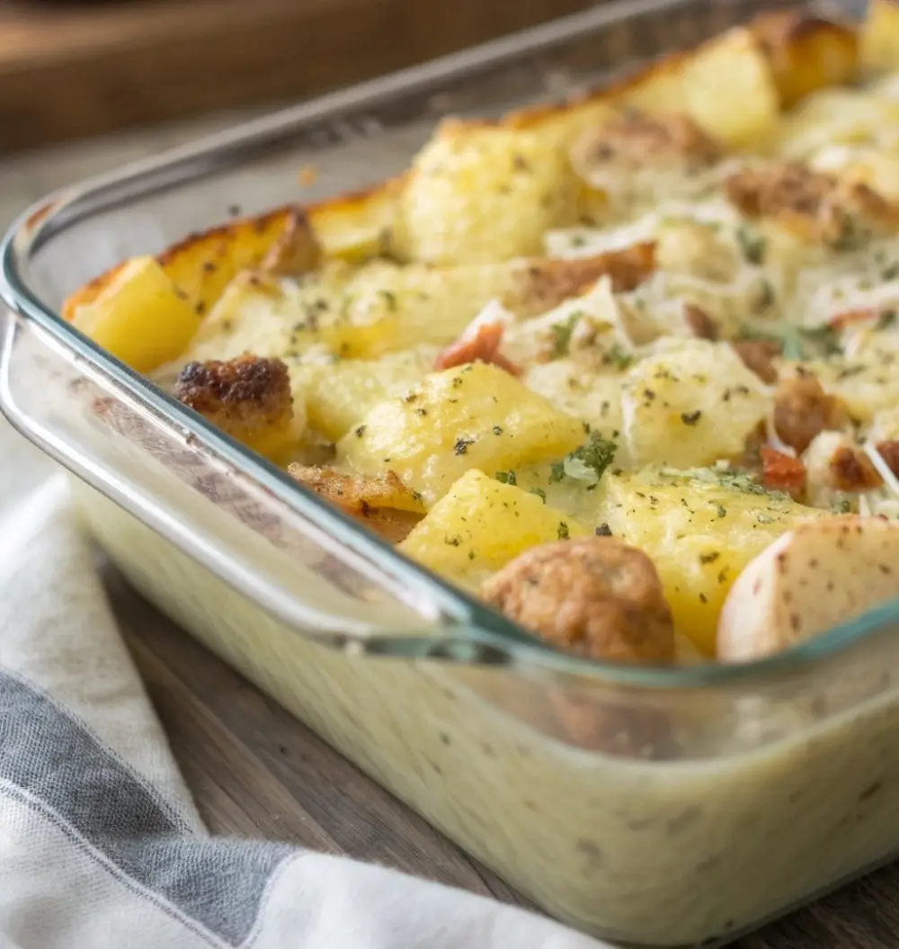 Cheesy breakfast casserole with eggs, potatoes, and lightly browned top in a baking dish